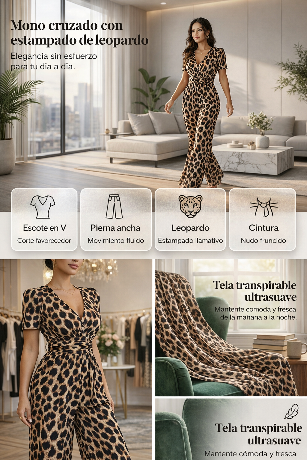 đNovedad: 50 % de descuento đ„ Mono con escote en V y piernas anchas, estampado de leopardo