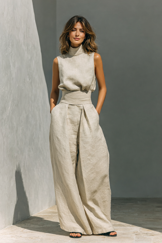 Maria - Conjunto de top sin mangas y pantalones anchos en algodón y lino minimalista para mujer