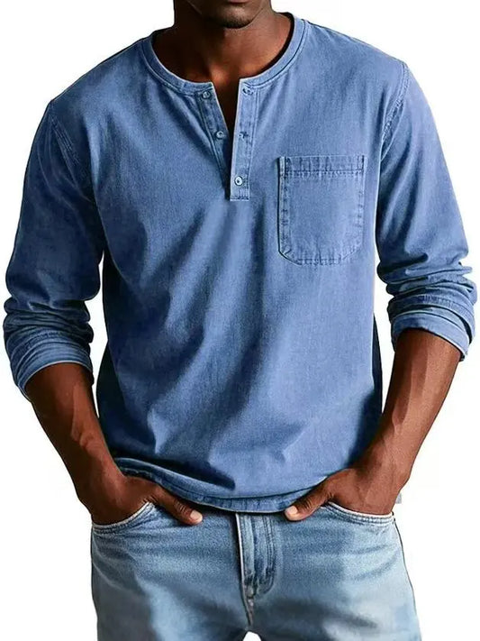 Camisa Henley de denim vintage para hombre con bolsillo en el pecho – look atemporal