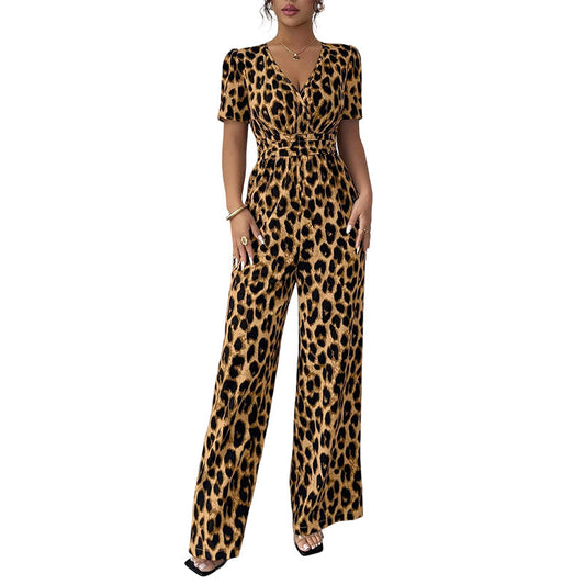 🎁Novedad: 50 % de descuento 💥 Mono con escote en V y piernas anchas, estampado de leopardo